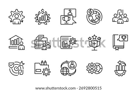 Productivity line icon set. Containing development, improvement, process, setting, setup, workflow, gear, streamlining, lean processes, time vector outline icons. Pixel-perfect editable stroke