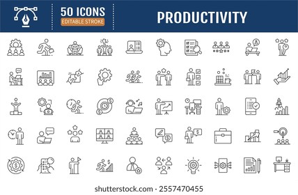 Productivity Line Icon set. Editable Stoke. Containing optimization, resource utilization, effectiveness, streamlining, lean processes, time management icon. Vector Illustration