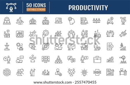 Productivity Line Icon set. Editable Stoke. Containing optimization, resource utilization, effectiveness, streamlining, lean processes, time management icon. Vector Illustration