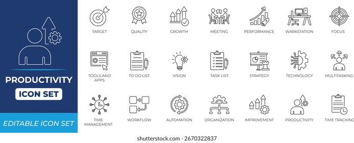 Conjunto de ícones de linha de produtividade. Ícone, Destino, Qualidade, Crescimento, Reunião, Ferramentas, Gerenciamento de tempo, Fluxo de trabalho, Organização, Lista de tarefas e Coleção de ícones de linha sólida Vision
