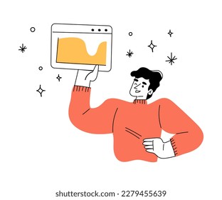 Productivity with Man Character Holding Web Interface Managing Task Vector Illustration