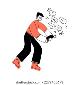 Productivity with Man Character with Smartphone Answering Messages Managing Task Vector Illustration