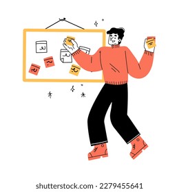 Productivity with Man Character Sticking Task on Kanban Board Vector Illustration
