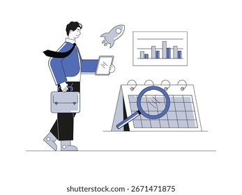 Productivity man completing his target, professional development analysis. Character design. Vector flat illustration