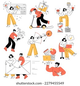 Productivity with Man and Woman Managing Tasks Vector Set
