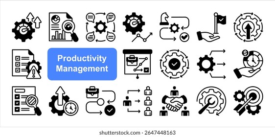 Gestión de la productividad, conjunto de iconos de trazo editable, con eficiencia, KPI, métricas de rendimiento, mejora continua, asignación de recursos, asignación de tiempo, flujo de trabajo.