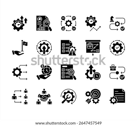 Productivity management with Efficiency, Performance metrics, Continuous improvement, Time allocation, Workflow, Optimization, Project management. editable stroke icon set