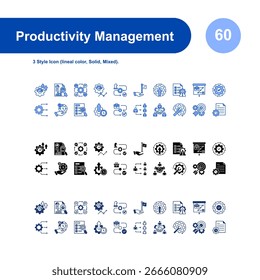 Conjunto de iconos de gestión de productividad con 3 iconos de estilo (color lineal, sólido, mixto).