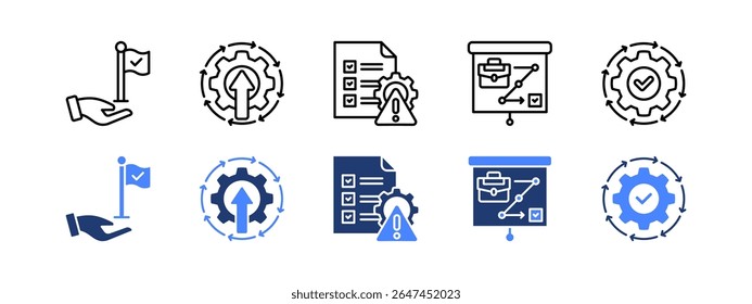 Productivity management icon set with Milestone, Continuous improvement, Risk management, Strategic planning, Effectiveness.