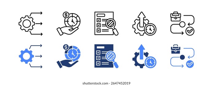 Ícone de gerenciamento de produtividade definido com Alocação de recursos, Alocação de tempo, Transparência, Produtividade, Workflow.