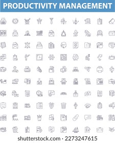 Productivity management line icons, signs set. Timekeeping, Efficiency, Prioritizing, Organizing, Targeting, Scheduling, Tracking, Measuring, Self discipline outline vector illustrations.