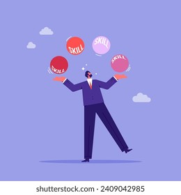 Productivity and management skill, multitasking work concept, skillful businessman juggling many skills