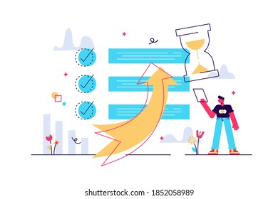 Productivity management with to-do list and task strategy tiny person concept. Work progress precise in time because of project planing, control and organization vector illustration. Successful symbol