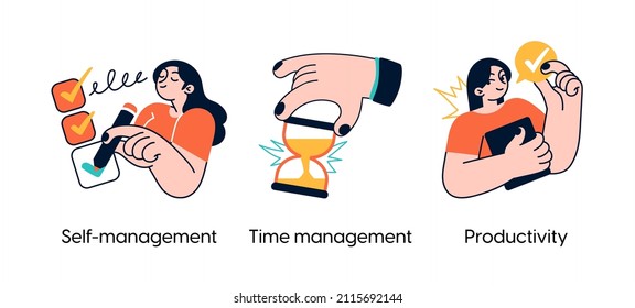 Productivity management tools- set of business concept illustrations. Self-management, time-management, productivity. Visual stories collection