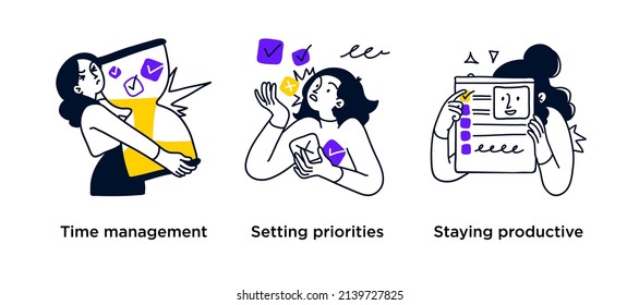 Productivity management tools- set of business concept illustrations. Time-management, setting priorities, staying productive. Visual stories collection