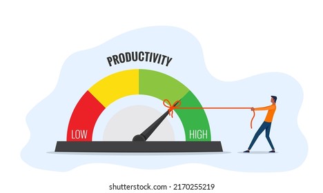 Productivity measurement concept. Businessman pulling a rope to high pointing symbol