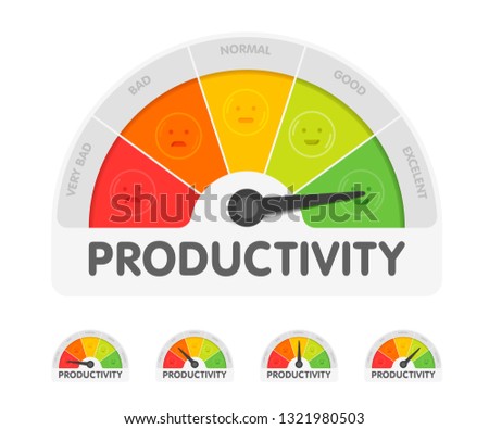 Productivity meter with different emotions. Measuring gauge indicator vector illustration. Black arrow in coloured chart background.