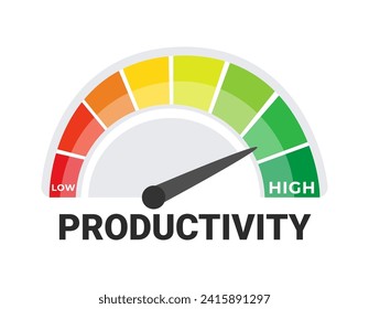 Productivity Meter Vector Illustration with Low to High Scale, Efficiency and Work Performance Concept