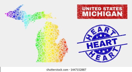 Productivity Michigan State map and blue Heart scratched seal. Rainbow colored gradient vector Michigan State map mosaic of machinery items. Blue round Heart seal.