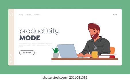 Plantilla de la página de inicio en modo de productividad. Hombre Escribiendo En Portátil, Mostrando Expresión Satisfecha, Carácter Masculino Indicando Un Sentido De Cumplimiento Y Logro. Ilustración de vectores de personas de caricatura