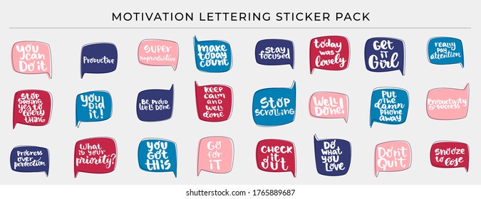 Productivity and motivation hand drawn lettering quote in the bubble isolated on the white background. - sticker pack. Inspirational phrases for self-development and productivity. Vector logo design.
