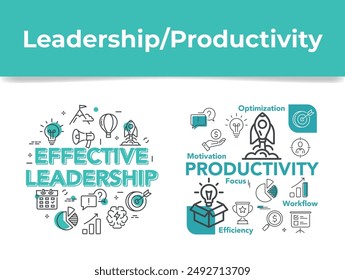 Productivity motivation optimization effective leadership banner set line icon design template vector illustration. Efficiency workflow management corporate marketing improvement plan analysis