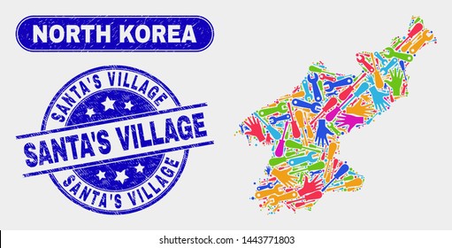 Productivity North Korea Map And Blue Santa'S Village Distress Seal Stamp. Colorful Vector North Korea Map Mosaic Of Production Elements. Blue Rounded Santa'S Village Seal.