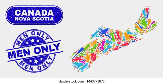 Productivity Nova Scotia Province map and blue Men Only scratched seal. Colored vector Nova Scotia Province map mosaic of productivity units. Blue round Men Only imprint.