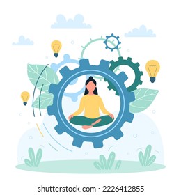 Productivity, office yoga technique for effective work vector illustration. Cartoon tiny woman sitting, breathing and meditating in balance lotus pose inside moving gear among bright light bulbs