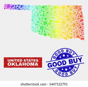 Productivity Oklahoma State map and blue Good Buy grunge seal. Spectral gradiented vector Oklahoma State map mosaic of service parts. Blue round Good Buy seal.