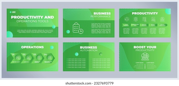 Conjunto de plantillas de presentación de herramientas de productividad y operaciones. Software de gestión del tiempo. Automatización de negocio. diapositivas PPT preparadas en color verde. Diseño gráfico. Montserrat, fuentes ariales utilizadas