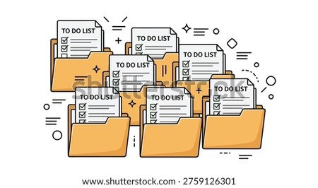 Productivity and organization concept showing multiple orange file folders each containing a white to-do list with green checkmarks.