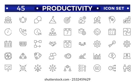 Symbolsatz für Produktivitätsgliederung. Mit Effizienz, Aufgabe, Fokus, Multitasking, Workflow, Wachstum, Routine, Projektmanagement, Automatisierung und produktiv. Kollektion von Vektorumrisssymbolen.
