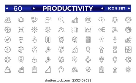Productivity outline icon set. Containing efficiency, task, focus, multitasking, workflow, growth, routine, project management, automation and productive. Vector outline symbol collection.

