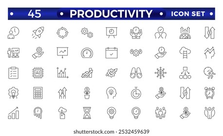 Productivity outline icon set. Containing efficiency, task, focus, multitasking, workflow, growth, routine, project management, automation and productive. Vector outline symbol collection.
