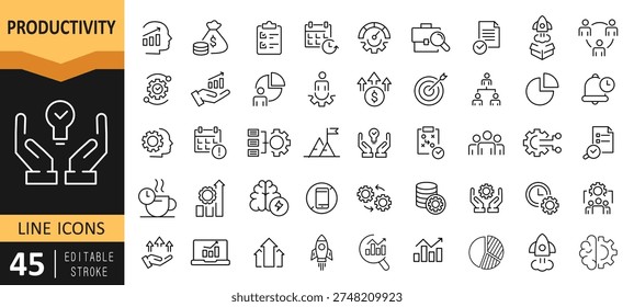 Productivity Outline Icon Set – Organize, Launch, Growth, Time Management and Strategy Editable Stroke Vector EPS
