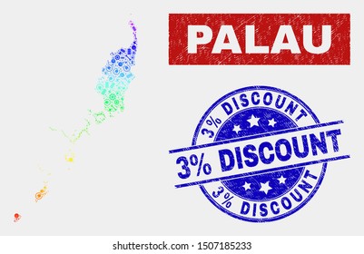 Productivity Palau map and blue 3 Percent Discount distress seal stamp. Spectral gradient vector Palau map mosaic of equipment. Blue round 3 Percent Discount seal.