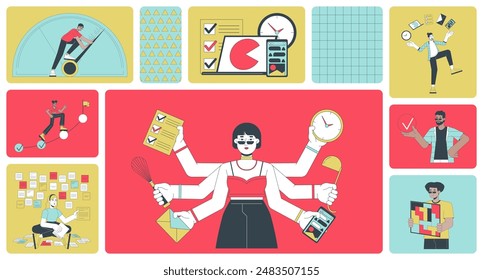 Productivity people bento grid illustration set. Office workflow 2D vector image collage design graphics collection. Task management. Busy multitasking employees flat characters moodboard layout