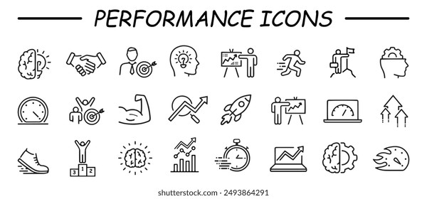 Productivity, performance icon collection. Such as business planning, success, goal achievement, charts, communication, chat, speedometer. Vector icons illustration.