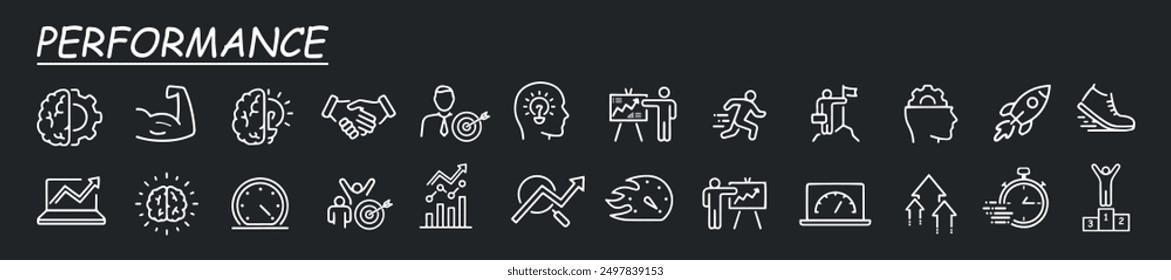 Productivity, performance icon collection. Such as business planning, success, goal achievement, charts, communication, chat, speedometer. Vector icons illustration. Grey background