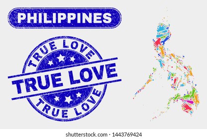 Productivity Philippines map and blue True Love distress stamp. Bright vector Philippines map mosaic of engineering units. Blue round True Love stamp.