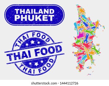 Productivity Phuket map and blue Thai Food textured stamp. Colorful vector Phuket map mosaic of production units. Blue round Thai Food stamp.