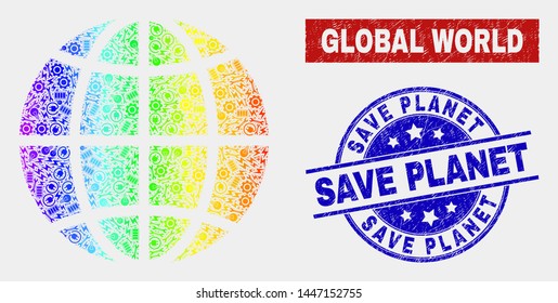 Productivity planet globe and blue Save Planet textured seal stamp. Spectral gradiented vector planet globe mosaic of engineering. Blue round Save Planet stamp.