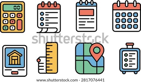 Productivity and planning vector icon set featuring calculator, checklist, calendar, tablet, ruler, map, suitcase, and organization tools