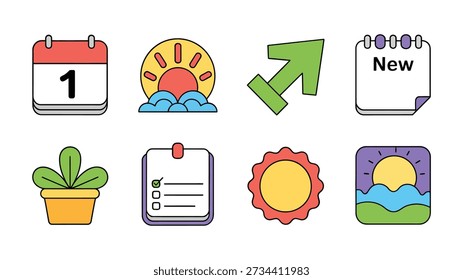 Productivity and planning vector icons with calendar one, sunrise, upward arrow, new label, potted plant, notes page, sun, waves