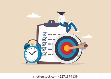 Productivity, project management or efficiency to finish work and reach business goal, time management concept, productive business woman working with computer laptop on checklist and alarm clock. - Shutterstock ID 2271974139
