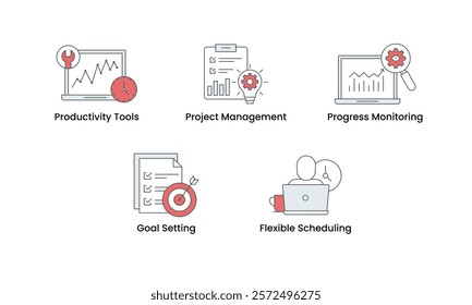 Productivity and Project Management icon set. Includes Productivity Tools, Project Management, Progress Monitoring, Goal Setting, and Flexible Scheduling icons. Vector icon set.

