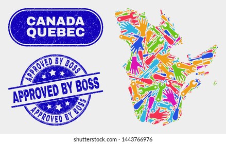 Productivity Quebec Province map and blue Approved by Boss textured seal stamp. Colored vector Quebec Province map mosaic of industrial components. Blue rounded Approved by Boss seal.