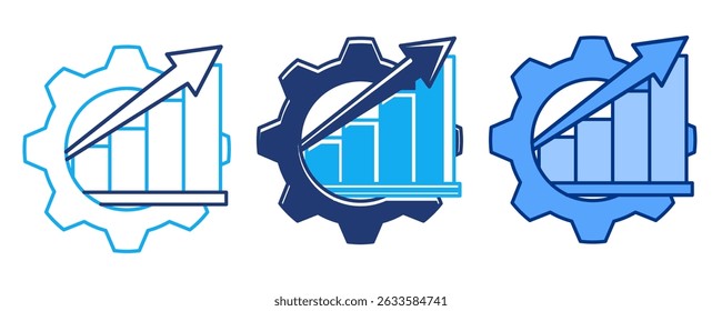 Productivity Report icon represented by chart, gear Blue, Dualline, Dualtone style.