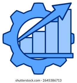 Icono de informe de productividad representado por gráfico, engranaje estilo azul.